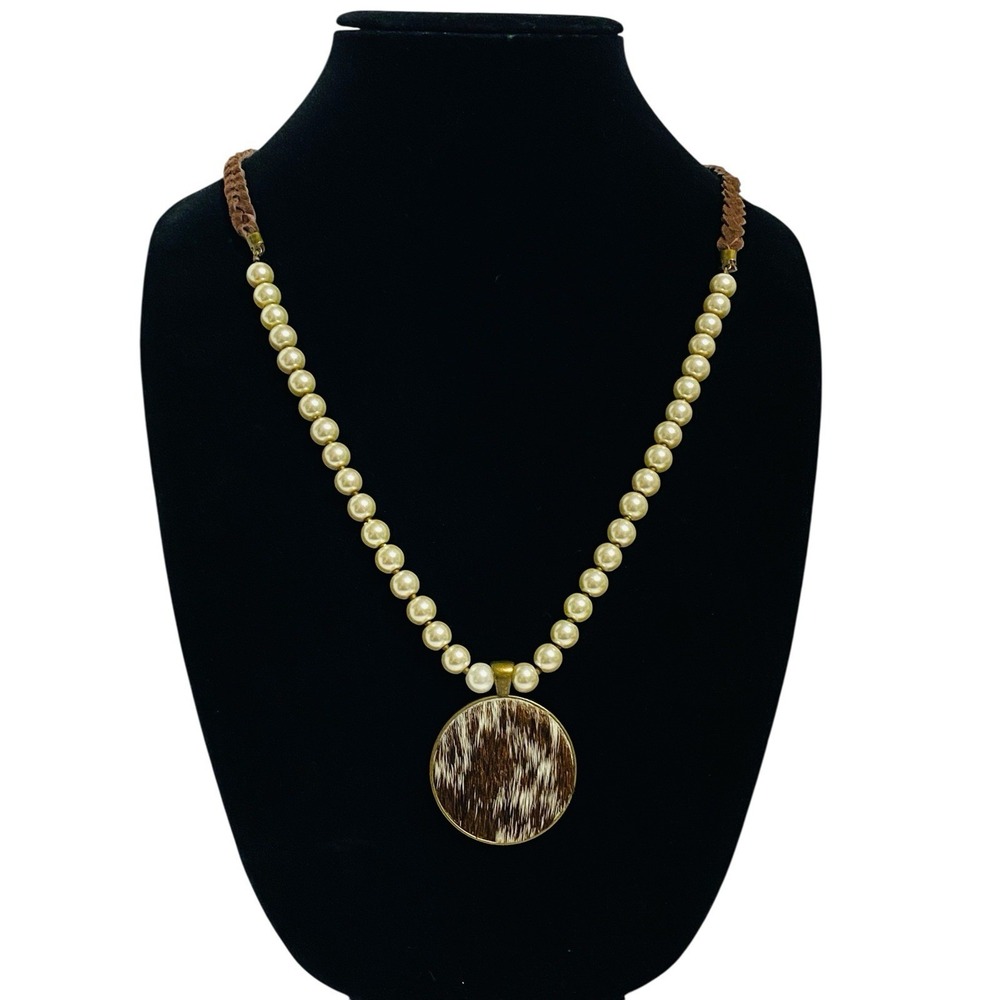 Farmericana Handcrafted Hide Pendant Faux Pearl Braided Leather Womens Necklace